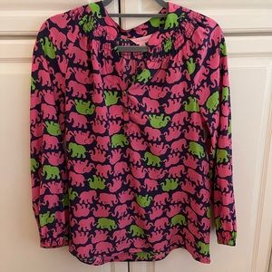 Lilly Pulitzer elephant Elsa silk top RARE EUC. Navy with pretty pink and green